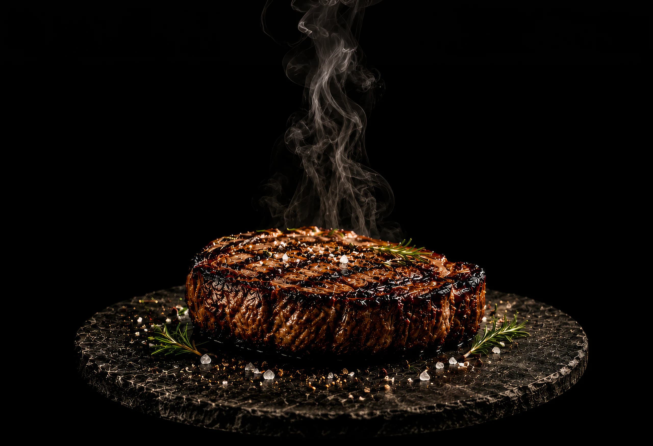 Dumanı üzerinde, biberiye ve kaya tuzu ile servis edilen ızgara steak